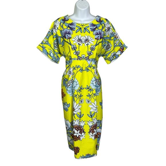 ASOS Wiggle Dress Sheath Size 6 Cotton Stretch Mirrored Floral Print Yellow NEW - Picture 3 of 13